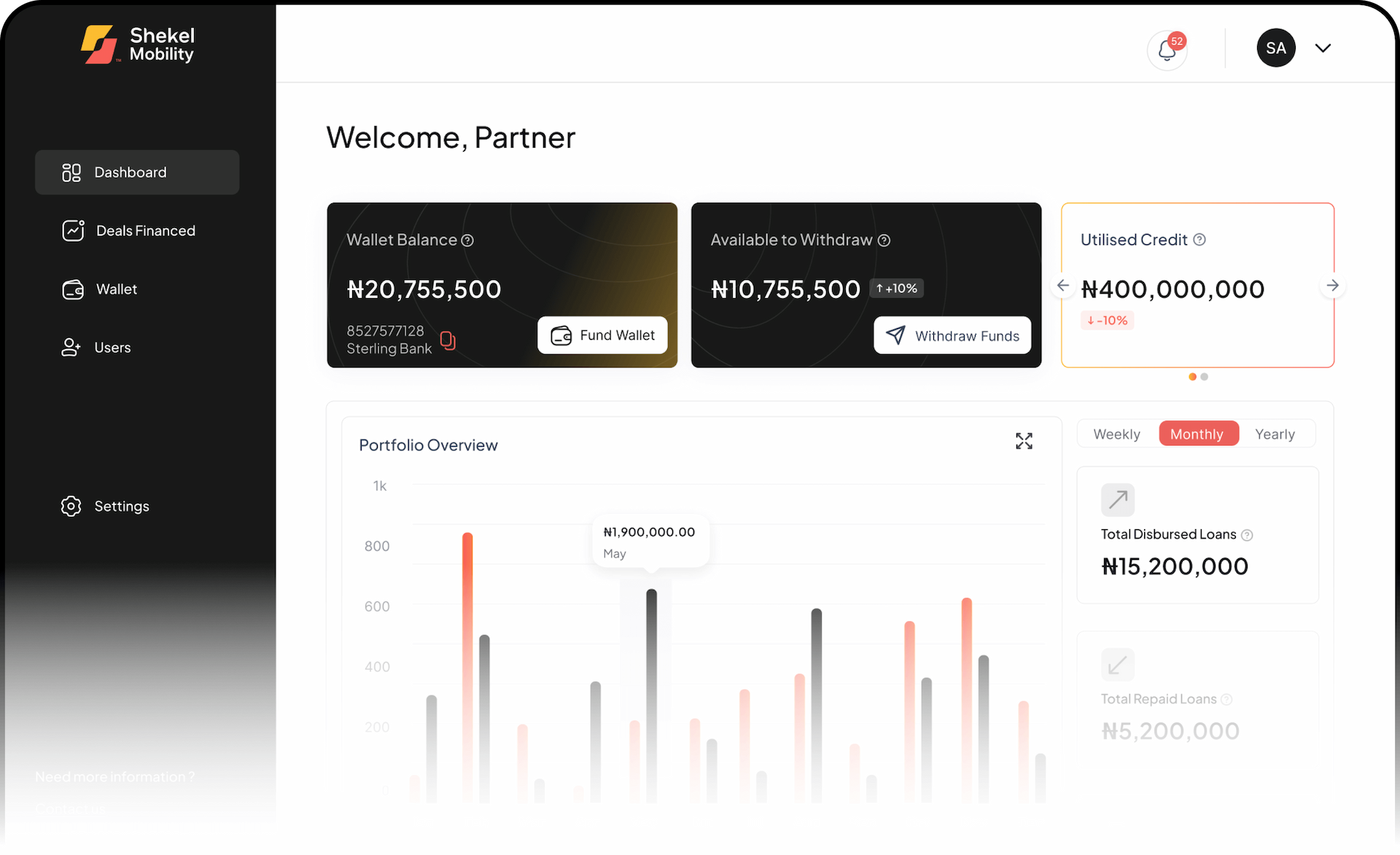 Shekel Partner Dashboard